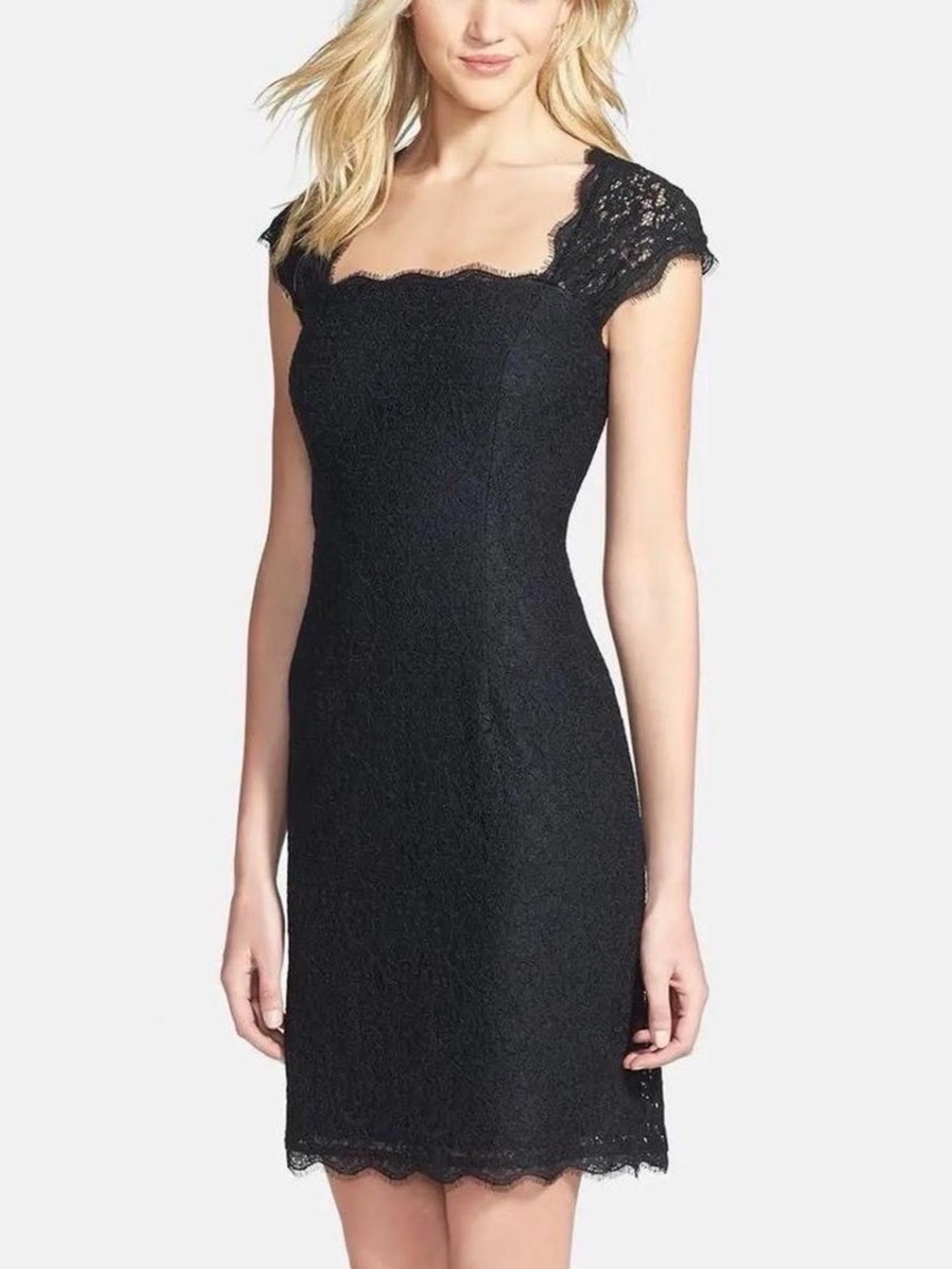 Adrianna Papell Black Lace Cap-Sleeve Sheath Dress